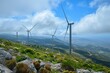 Renewable energy landscape with wind turbines on mountain, sustainable power generation