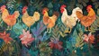 A flock of chickens roaming freely in a vibrant lush garden