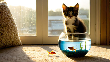 Adorable kitten and fish bowl, AI generated