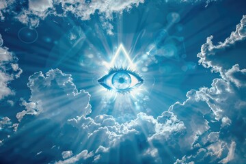 Eye of Providence in the blue sky. All-seeing God's eye. AI Generated