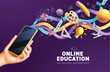 Online education text vector design. Back to school e learning and distance online courses in mobile phone application concept. Vector illustration online education banner. 
