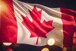 Canadian flag with a glowing bokeh light background, symbolizing national pride and celebration. Happy Canada Day.