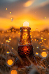 Wall Mural - Bottle with beer against wheat field on sunset. Field of barley on summer or autumn day. Brewing. International beer day. Oktoberfest