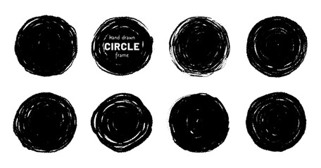 Aufkleber - Round circular logo hand drawn brush stroke icon frame element. Round logo frame hand drawn texture brush stroke. Circle doodle ink black shape. Rough grunge circular. Vector illustration.