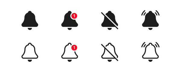 Leinwandbilder - Notification bell icon set. Alarm symbol. Ringing bells reminder icon , incoming inbox message sign , no bell icon alarm off symbol silent mute icons - Web icons collection set