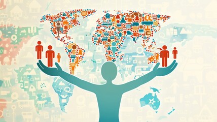 World map with human activity and connectivity icons - Illustration of a global map created by various people, activity, and connectivity symbols depicting globalization