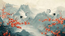 Japanese White Cranes With Red Flowers