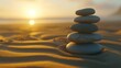 Mindful Zen Stacks: Explore Zen Stones Balance on Beach, where Serene Meditation Concept, Harmony in Nature, Sunset Pebble Stack, and Sandy Beach Calm converge for Inner Peace and Harmony.