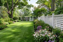 Meticulously Maintained Garden Bordered By A Crisp White Fence,Offering A Picturesque Setting For Leisurely Strolls And Outdoor Gatherings