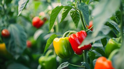 Wall Mural - Growing sweet peppers in a greenhouse close-up. Fresh juicy red green and yellow peppers on the branches close-up. Agriculture - large crop of acute pepper. 