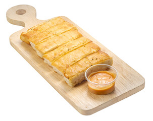 Cheese bread sticks with dipping cheese, Butter bread sticks isolated on woonden plate on white background. Salted bread stick isolated on white PNG File.