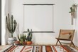 Interior design with chair, rug, cactus, and white board on the wall