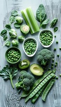 Fresh Green Vegetables Variety On A Rustic White Background From Overhead, Illustration Made With Generative AI