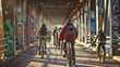 A group of friends biking across a bridge with graffiti art lining its pillars showcasing the fusion of urban culture and infrastructure.