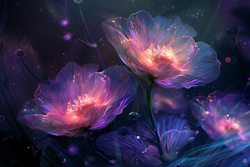 Wall Mural - Illustration of colorful flowers glowing in the dark