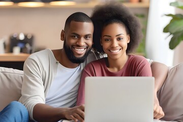 Wall Mural - African young couple is playing on a laptop