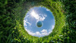 A golf ball soars sky-high, framed by a grassy edge against a sunlit blue sky with fluffy clouds.