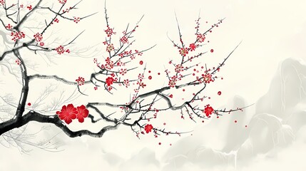  Digital snow scene ink plum blossom abstract illustration poster web page PPT background