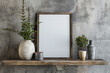 Blank mock up poster frame on wooden shelf against concrete wall. Loft interior design of modern living room, home.