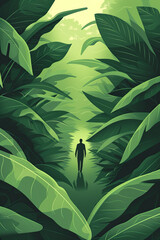 Poster design of a human figure surrounded by green natural plants