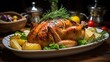 Roasted whole chicken with lemon, rosemary and spices on wooden table