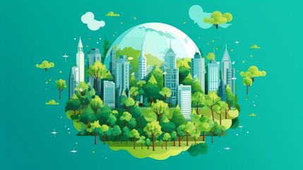 Sticker - Green city with trees and skyscrapers. Ecology concept