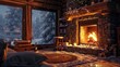 The warmth of a cozy fireplace in a cabin during a snowy evening