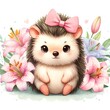 Adorable hedgehog with a pink bow amidst a cluster of lilies in a heartwarming illustration.