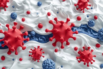 Cartoon vector rendering of a biological scene featuring human cells, glandular structures, neural networks, and DNA molecules, set with blood cells on a stark white backdrop