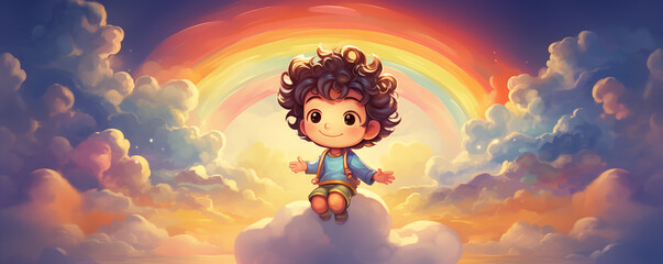 Happy child on sky playing with joy on colorful rainbow in the sky. World Children's Day. Shelter for children concept. Kid banner, birthday greeting card, template with copy space