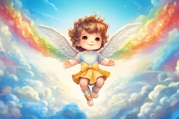 Happy child with white wings on sky playing with joy on colorful rainbow in the sky. World Children's Day. Shelter for children concept. Kid banner, birthday greeting card, template with copy space