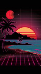 Wall Mural - minimalist synth-wave beach with dark background, illustration made with generative AI