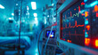 Close-up of a heart rate monitor in a hospital ICU, displaying vibrant electrocardiogram readings in a blur of medical equipment and ambient light