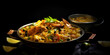 Restaurant style spicy chicken biryani served with raita and salan Food  Culture with black background
