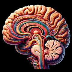 Illustration of the cross-sectional anatomy of the human brain, consisting of the brain tissue and nerve bundles from the spinal cord that connect to each other to transmit sensory impulses.