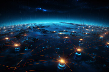 Wall Mural - A glowing Earth cradled by a network of glowing lines, set in the blackness of space, Technology concept