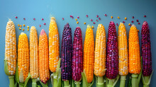 A Row Of Corn With Different Colored Kernels. The Corn Is Arranged In A Way That It Looks Like A Colorful Bouquet
