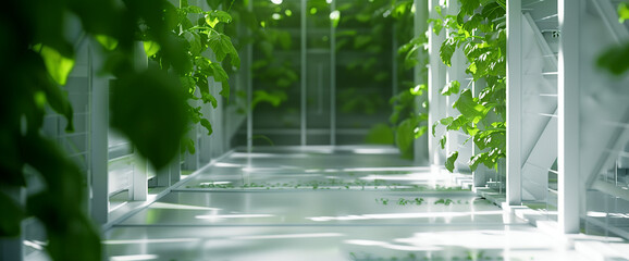 Wall Mural - Indoor greenhouse plantation background with vertical hydroponic vegetable plants growing in farm