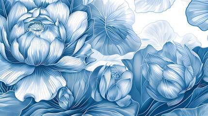 Wall Mural - A blue and white flower painting with a blue background. The flowers are in various sizes and are scattered throughout the painting. The mood of the painting is calm and serene, with the blue