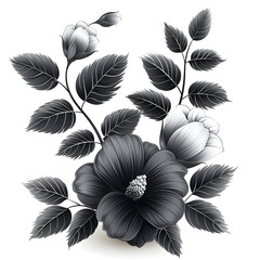 Wall Mural - A black and white flower with white petals. The flower is surrounded by leaves and has a stem. The image has a serene and calming mood