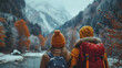© Anek - Two people are standing in the snow, one wearing a yellow hat and the other wearing a red jacket. They are looking out at a beautiful mountain range