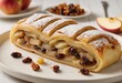 Apfelstrudel A classic German dessert made with thin layers of pastry dough filled with spiced apples, raisins, and cinnamon, served warm with vanilla sauce