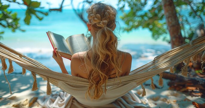 woman lying in a hammock on a tropical beach and reading a book