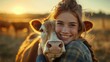 Farmer Happy young woman hugging cow with sun light, concept veterinary health care
