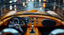 Exquisite Vintage Sports Car Interior With Luxurious Orange Leather And Polished Chrome Trim Under The City Lights.