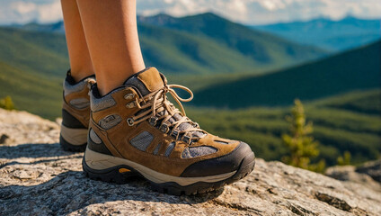 Wall Mural - Closeup of female in hiking shoes standing on cliff look out over outdoor mountains landscape. Seen from behind