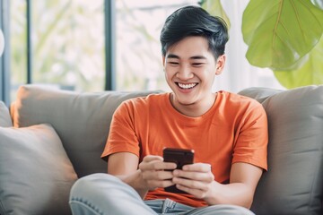 Wall Mural - Asian man playing with smartphone while laughing