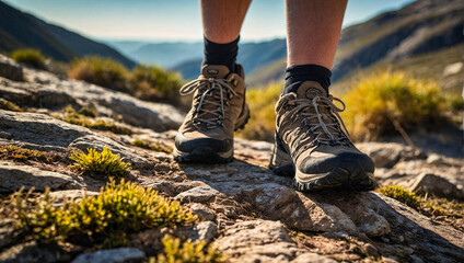 Wall Mural - Closeup of female in hiking shoes standing on cliff look out over outdoor mountains landscape. Seen from behind