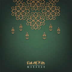 Sticker - vector design with a square composition of Eid al-Fitr greetings with a green and gold color theme