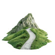 3D of winding road going up to the top of green mountain, isolated on white background, png